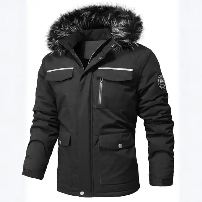 Faux fur hooded winter parka jacket in black, with chest pockets and reflective trim on front view.