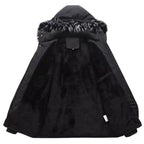 Faux fur hooded winter parka jacket opened to reveal soft fleece lining and interior pockets.