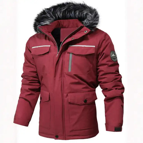 Faux fur hooded winter parka jacket in burgundy, with cargo pockets and reflective trim, shown from the front.