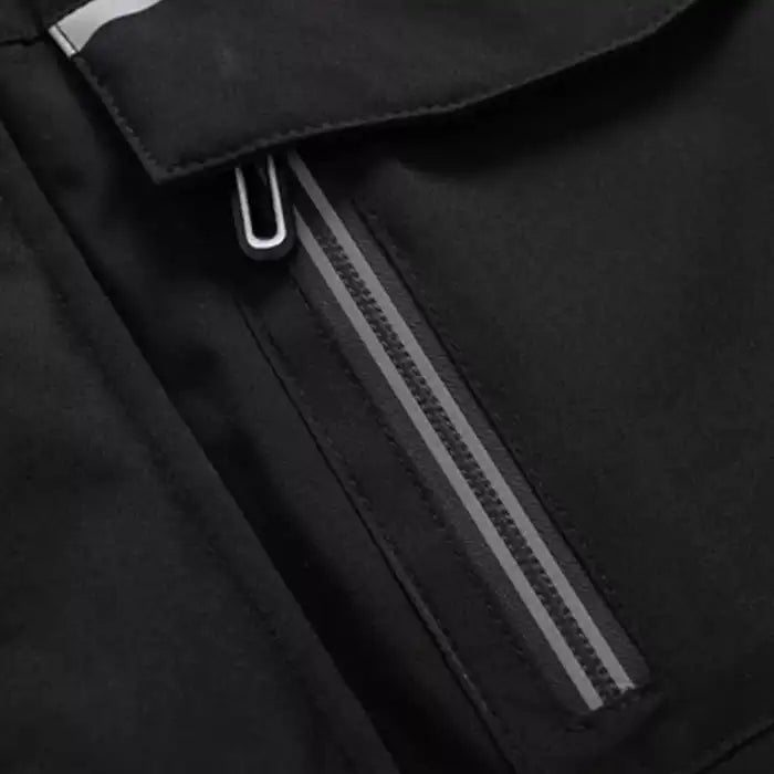Faux fur hooded winter parka jacket chest pocket, featuring zippered vertical pocket with gray trim.