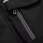 Faux fur hooded winter parka jacket chest pocket, featuring zippered vertical pocket with gray trim.