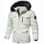  Faux fur hooded winter parka jacket in cream, featuring multiple utility pockets and side badge detail.