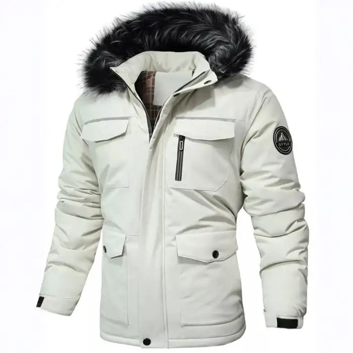  Faux fur hooded winter parka jacket in cream, featuring multiple utility pockets and side badge detail.