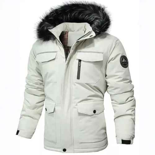  Faux fur hooded winter parka jacket in cream, featuring multiple utility pockets and side badge detail.