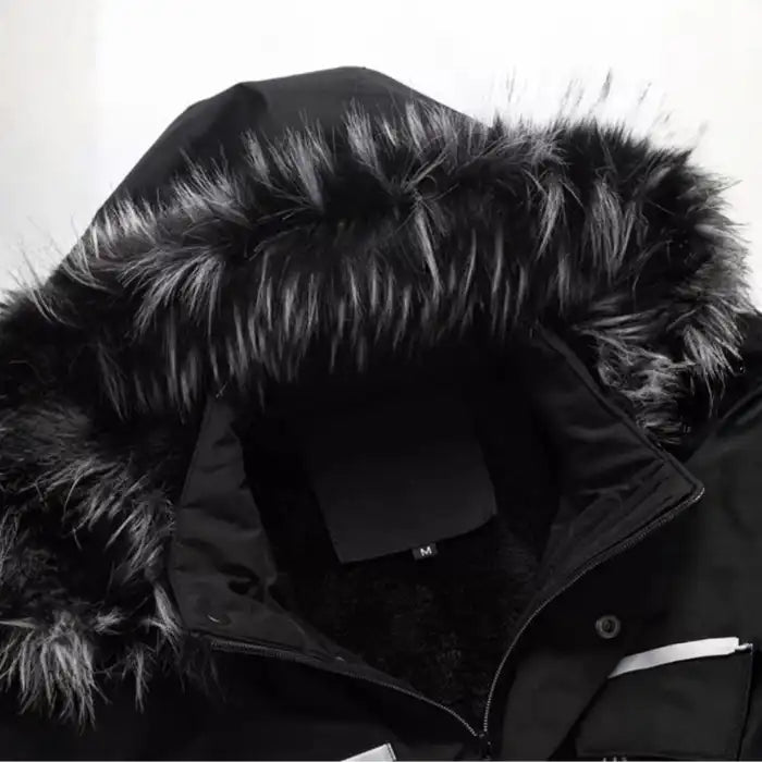  Faux fur hooded winter parka jacket hood closeup, highlighting luxurious black faux fur trim texture.