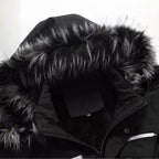  Faux fur hooded winter parka jacket hood closeup, highlighting luxurious black faux fur trim texture.
