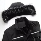 Faux fur hooded winter parka jacket detail, showcasing detachable faux fur trim on hood with snaps.