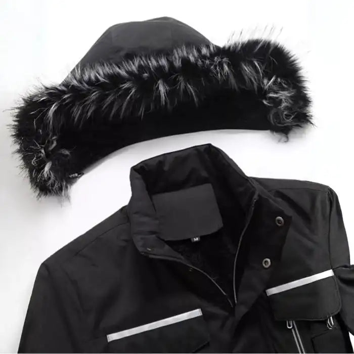Faux fur hooded winter parka jacket detail, showcasing detachable faux fur trim on hood with snaps.