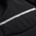  Faux fur hooded winter parka jacket detail, showing reflective stripe on chest pocket for visibility.