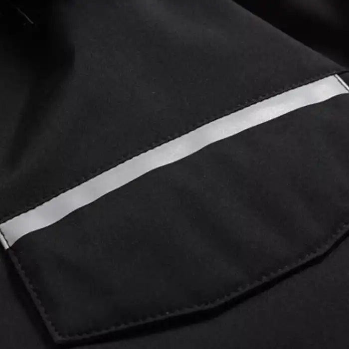  Faux fur hooded winter parka jacket detail, showing reflective stripe on chest pocket for visibility.