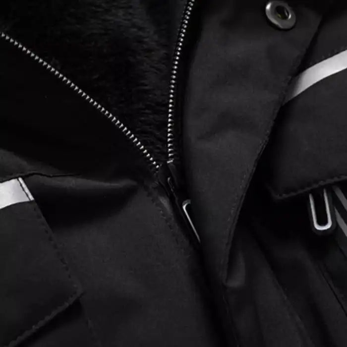 Faux fur hooded winter parka jacket zipper detail, showing metal zipper with storm flap and hardware