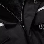 Faux fur hooded winter parka jacket zipper detail, showing metal zipper with storm flap and hardware