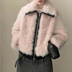 faux fur jacket, blush pink cropped coat with contrast black trim and zip styled with gray skirt and small sling bag