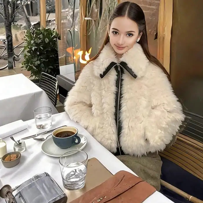 faux fur jacket, cozy ivory style with high collar at cafe table, cropped fit, soft texture visible in warm indoor light