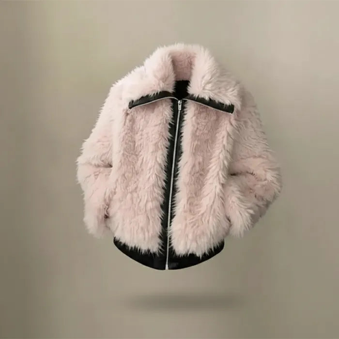 Faux fur jacket in soft blush with zip front and plush texture, styled for winter warmth and chic everyday outfits