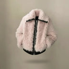 Faux fur jacket in soft blush with zip front and plush texture, styled for winter warmth and chic everyday outfits