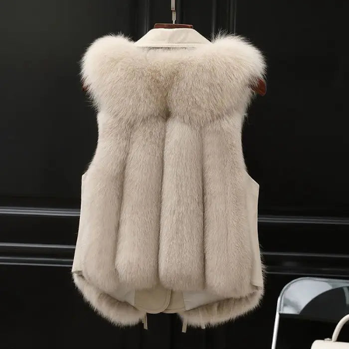 Faux fur vest with collared design in beige displayed from the back, showing soft vertical fur panels for a cozy polished style