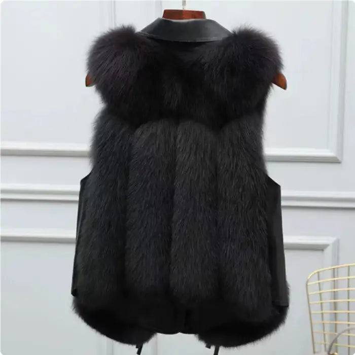 Faux fur vest with collared design shown from the back in black, featuring dense plush panels for a sleek modern winter look