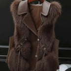 Faux fur vest with collared design in deep brown, featuring plush textured panels and structured stitching for a warm stylish winter look
