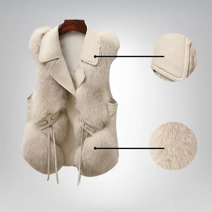 Faux fur vest with collared design shown with enlarged material samples, focusing on stitching, softness, and premium fabric quality