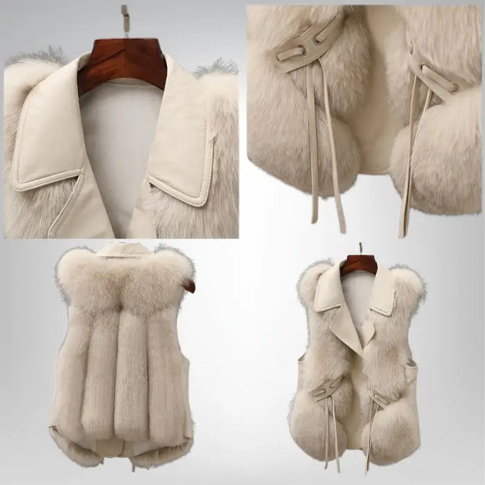 Faux fur vest with collared design shown in beige detail, featuring soft plush texture and premium stitching for a stylish winter look