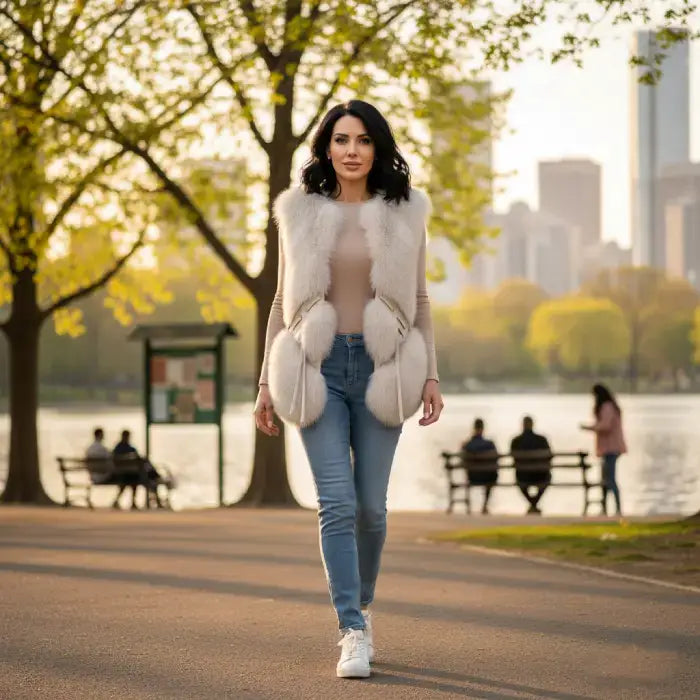 Faux fur vest with collared design worn outdoors, showcasing soft texture and chic styling for a warm fashionable everyday outfit