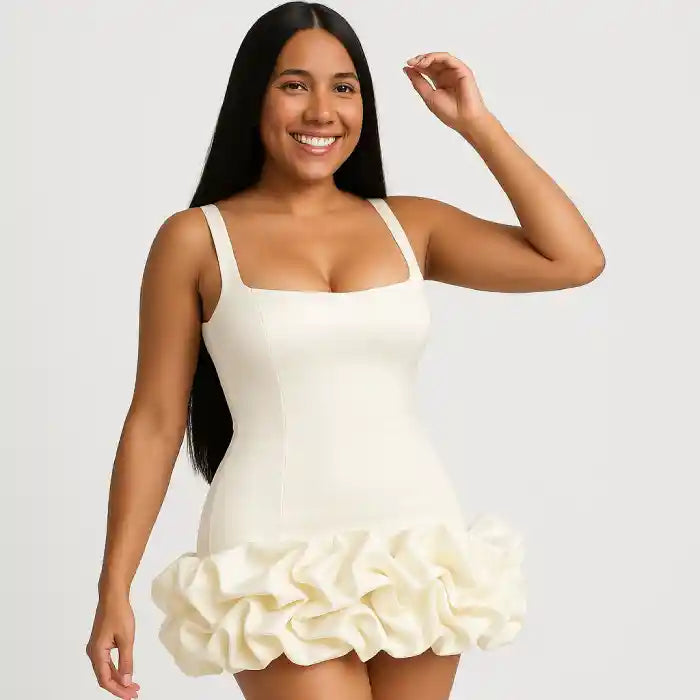 ruffle hem dress in crisp white showcasing joyful expression, perfect square neckline and luxurious gathered fabric bottom detail