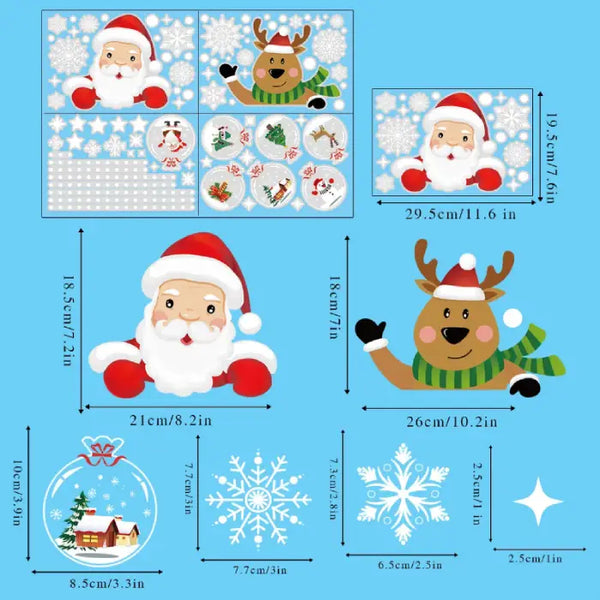 Festive Christmas Window Decals set with Santa, reindeer, polar bear, wreath, and tree in bright colors.