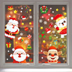 Festive Christmas Window Decals with Santa, reindeer, polar bear, and gifts against a cozy fireplace glow.