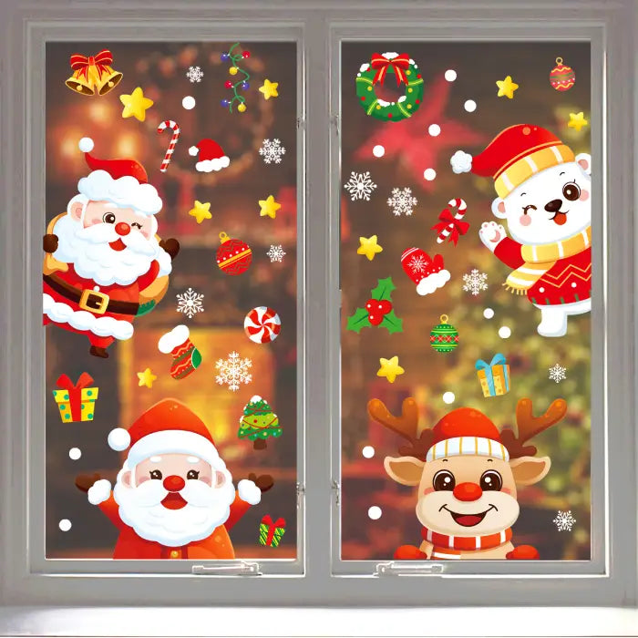 Festive Christmas Window Decals with Santa, reindeer, polar bear, and gifts against a cozy fireplace glow.