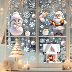 Festive Christmas Window Decals featuring Santa, snowman, presents, snowflakes, and cozy winter window decor.