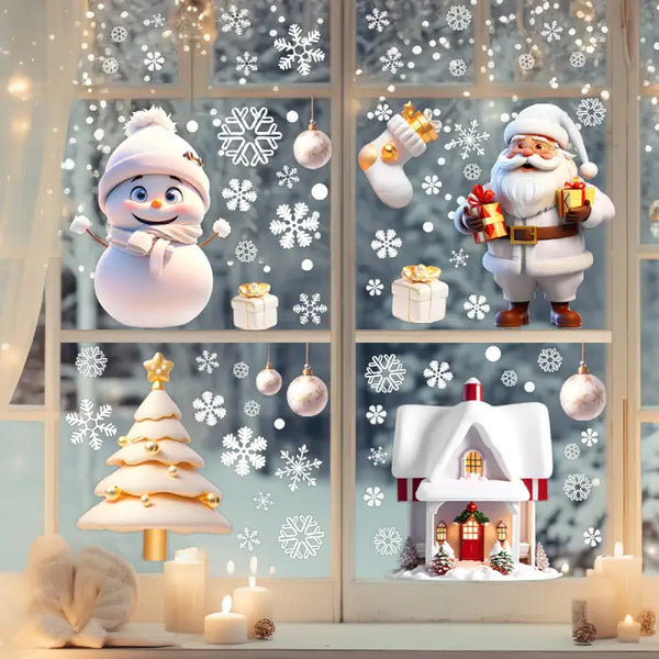 Festive Christmas Window Decals featuring Santa, snowman, presents, snowflakes, and cozy winter window decor.