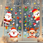 Festive Christmas Window Decals featuring Santa, bear, reindeer, gifts, ornaments, stars, and snowflakes.