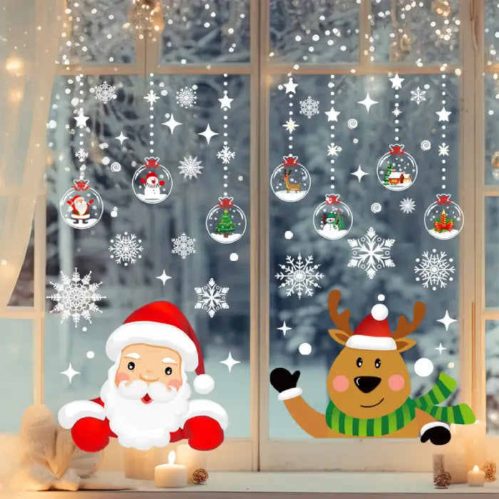 Festive Christmas Window Decals with Santa, reindeer, snowflakes, and ornaments on a night snowy window.
