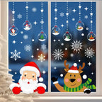 Festive Christmas Window Decals of cartoon Santa and reindeer with hanging snowflakes and ornaments.