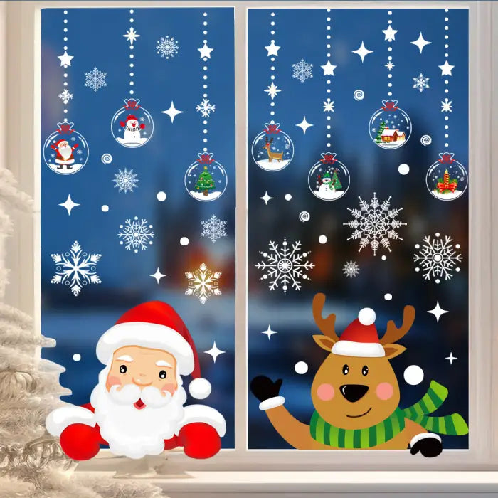 Festive Christmas Window Decals of cartoon Santa and reindeer with hanging snowflakes and ornaments.