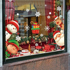Festive Christmas Window Decals with Santa, snowman, elf, and reindeer peeking through a decorated window.