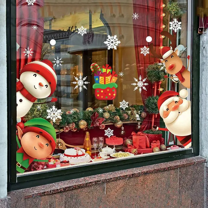 Festive Christmas Window Decals with Santa, snowman, elf, and reindeer peeking through a decorated window.