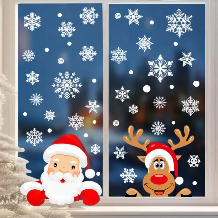 Festive Christmas Window Decals of Santa and reindeer with white snowflakes on a blue winter background.