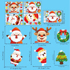 Festive Christmas Window Decals featuring Santa, reindeer, snowflakes, and ornaments with detailed sizes shown.