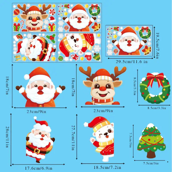 Festive Christmas Window Decals featuring Santa, reindeer, snowflakes, and ornaments with detailed sizes shown.