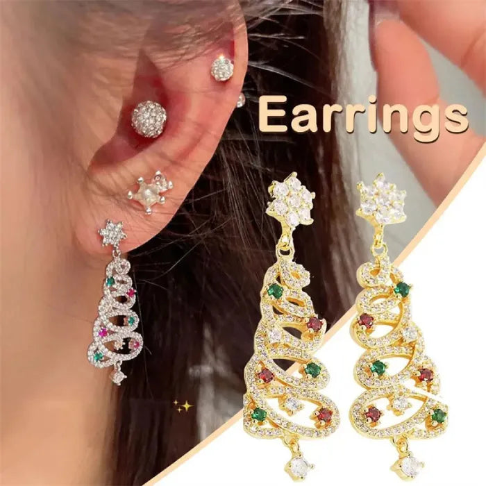 Festive gold Christmas tree earrings with colorful gemstones, perfect for holiday fashion and gifts.