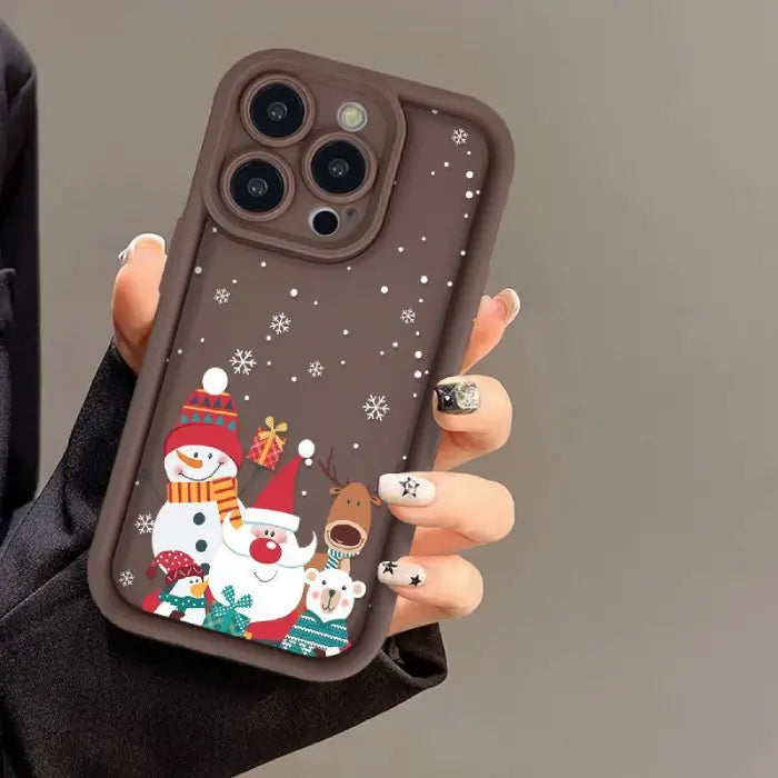 festive Iphone case in brown with Christmas decorations, snowman, santa, rudolf a penguin and white bear.  Compatible with iphone 12-16