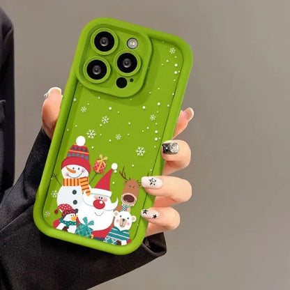 festive Iphone case in green with Christmas decorations, snowman, santa, rudolf a penguin and white bear.  Compatible with iphone 12-16