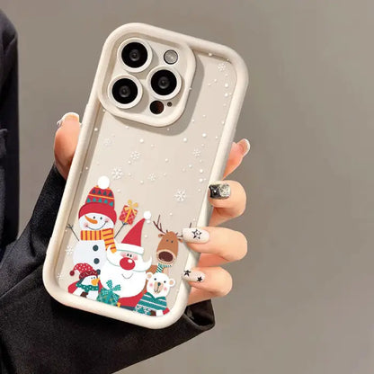 festive Iphone case in white with Christmas decorations, snowman, santa, rudolf a penguin and white bear.  Compatible with iphone 12-16