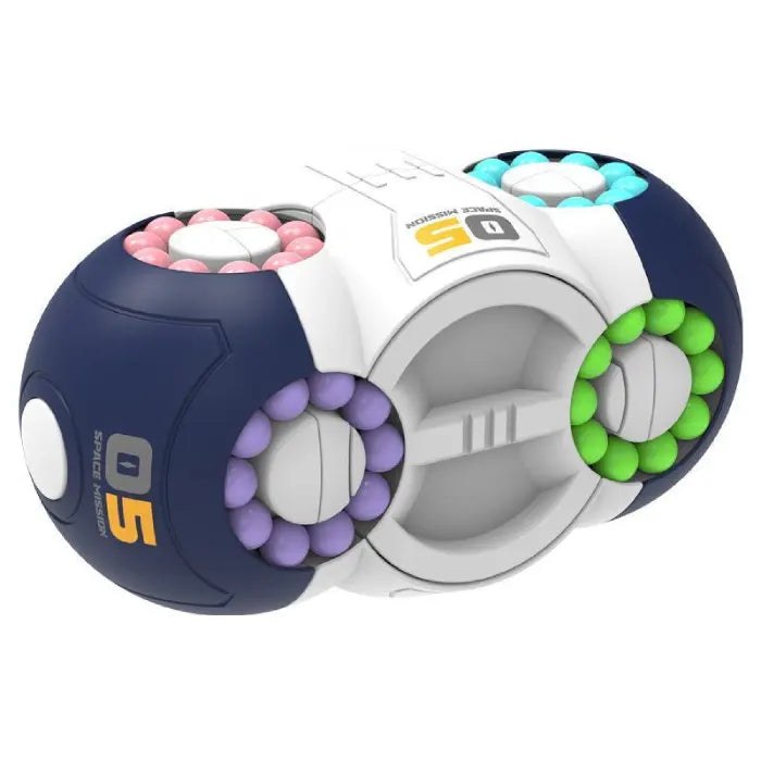 Fidget toy featuring rotating barrel and pastel-colored beads on clean white background.