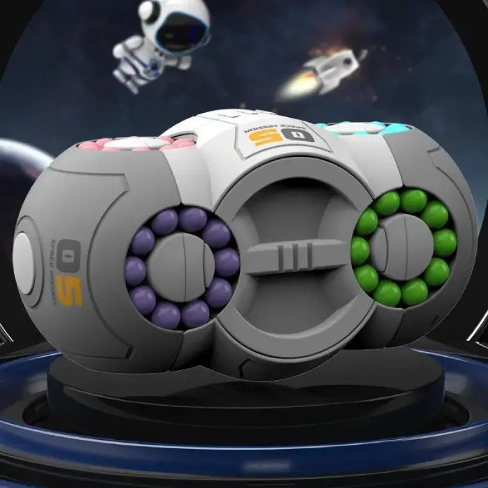 Fidget toy with purple and green beads, showcased in sci-fi setting with astronaut and rocket.