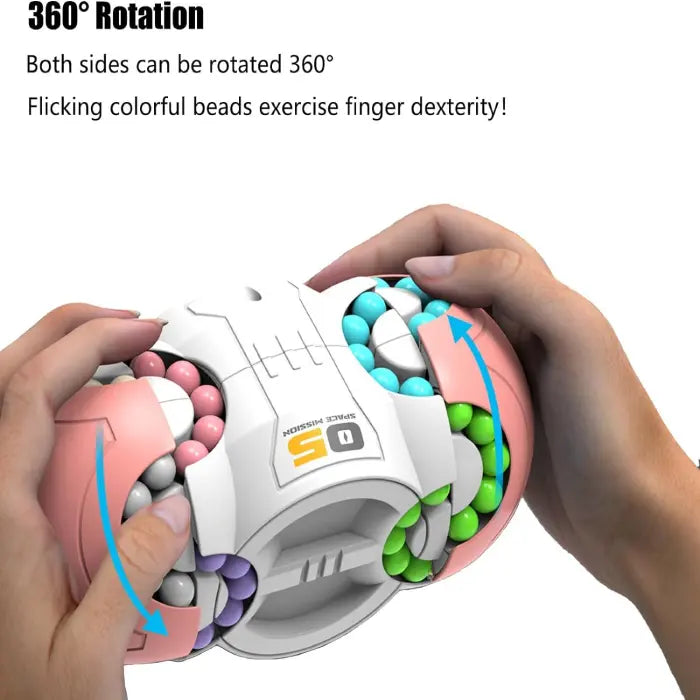 Fidget toy being rotated by hand, showing colorful beads for finger movement exercise.