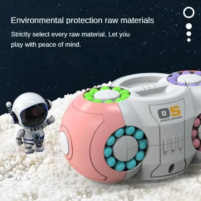 Fidget toy made with safe materials, set in space scene with astronaut and colorful beads.