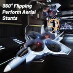 Fighter jet drone performing 360 degree flips, bright LEDs in tunnel, agile RC aircraft for dazzling aerial stunts. Wow!